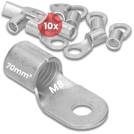 Kalitec 10x Quetschkabelschuh 70mm² M8 - Ringkabelschuh DIN 46234 | Unisoliert, Elektrolyt-Kupfer, für mehrdrähtige Leiter, Dornpressung, Quetschverbinder Set, Kabelverbinder blank