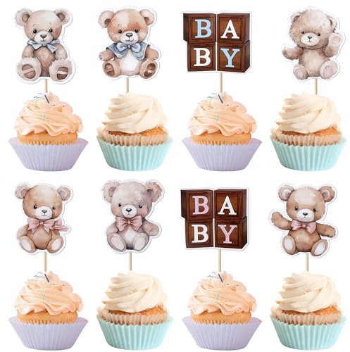 SYKYCTCY 40 Pack Bear Cupcake Toppers Glitter We Can Bearly Wait Baby Shower Cupcake Picks Cake Decorations for Kids Boys Girls Baby Bear Gender Reveal Theme Birthday Party Supplies