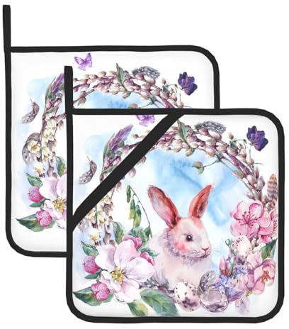 Set di 2 presine con coniglietto pasquale acquerello per cucina, presine resistenti al calore, presine calde per bancone della cucina, presine con presine ad anello, per cucinare alla griglia e al fo