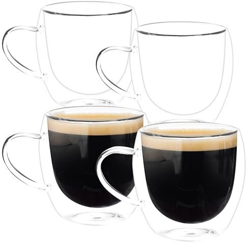 WENLISELL 4 PCS Double Walled Coffee Mug, 250ml Clear Cappuccino Latte Glasses Mugs with Handle, Thermal Insulation Glass Cup for Hot Cold Drinks, Tea, Milk, Juice