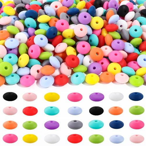 DIYDEC 200pcs Silicone Lentil Beads 12mm Silicone Abacus Beads 13 Colors Silicone Beads Keychain Making Bulk Round Silicone Spacer Beads for Pens Accessories DIY Necklace Bracelet Jewelry Crafts