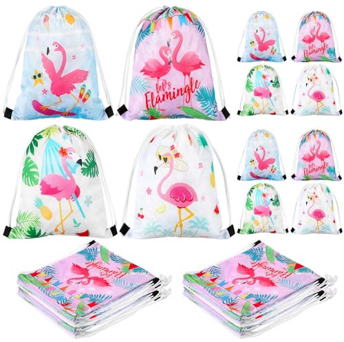 Weewooday 16 Stück Flamingo Gastgeschenk Tüten mit Kordelzug 26 x 30 cm Flamingo Party Rucksäcke Hawaiische Partyzubehör Geschenktüten für Weihnachten Geburtstag Babyparty Schule Party Mitgebsel