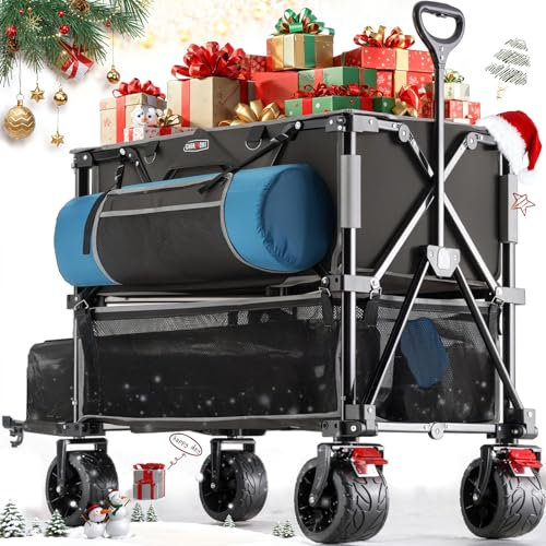 Overmont Doppeldecker Bollerwagen Faltbar 400I - Klappbar mit Geländegängige Breite Räder - 132cm extra Lange Verlängerung - bis 200kg Tragkraft - für Camping Sport Einkaufen Garten Strand Schwarz