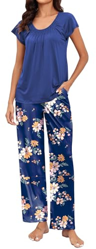 Famulily Ladies Pyjamas Raglan Short Sleeve Pleated Top and Long Pants Comfy Loungewear Royal Blue M