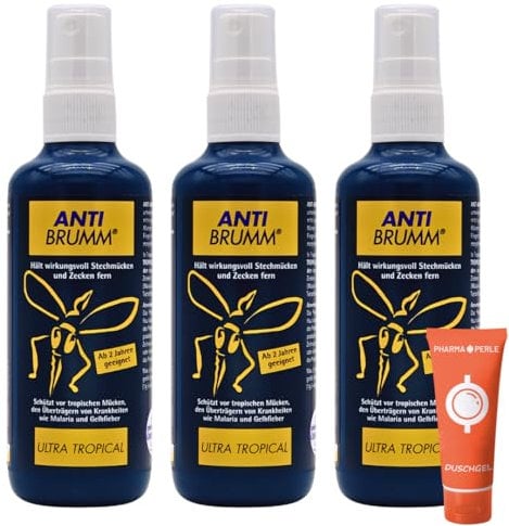 Anti Brumm Ultra Tropical 3x 150 ml I Schutz vor tropischen Mücken I Insektenrepellent I Mückenspray I Abwehr von Mücken und Zecken I Urlaub, Fernreisen I Deet I Spar-Set plus Pharma Perle give-away