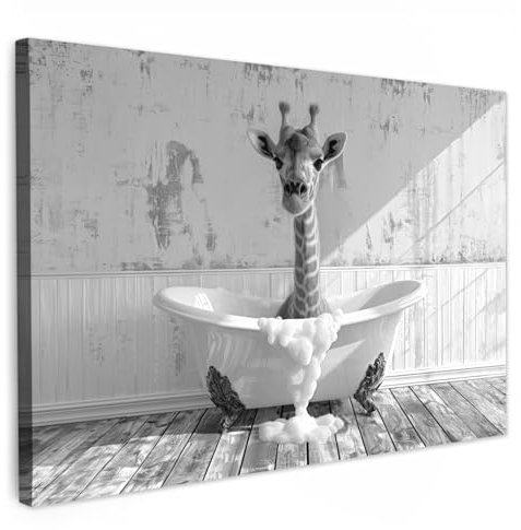 MuchoWow© Impressions sur Toile 30x20 cm Deco Tableau Murale Decoration Salon Peinture Tableaux Chambre Toiles Maison Girafe - Bain - Salle de bain - Animal