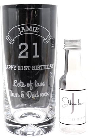 Regalo Personalised Birthday Age Design Highball Glass & Initial Miniature Alcohol Bottle Gift (Empty Bottle/No Gift Box)