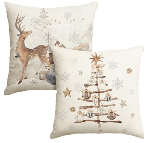 Artoid Mode Schneeflocken Bäume Geschenke Rentier Weihnachten Kissenbezüge 2er Set, 45x45 cm Christmas Stern Zierkissenbezug Cushion Cover Couch Deko