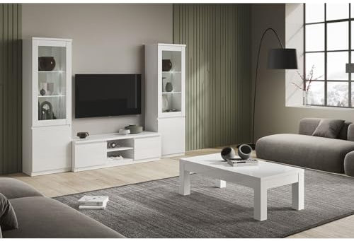 AltoBuy DEYTON - Ensemble Salon Complet Laqué Blanc Meuble TV + Vitrines avec LEDs + Table Basse 138cm