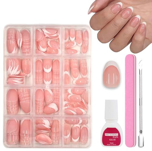 OKAQEE 240 Stück Falsche Nägel Tips Set - Mandel Französisch Full Cover Nageltips - Künstliche Nägel Nail Art Manicure Fake Nails für Damen und Frauen (Almond French)