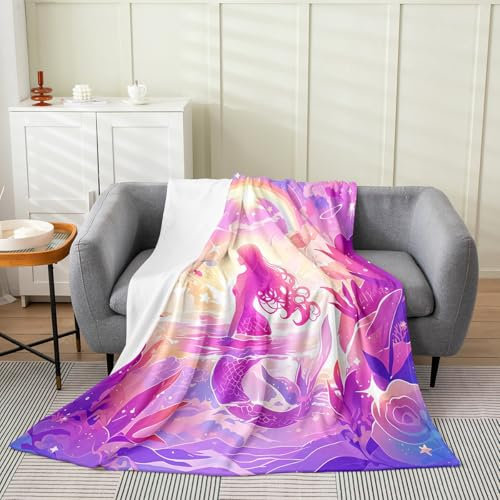 ZSOSIXDEAL Meerjungfrauen-Plüsch-Überwurfdecke für Kinder, lila Meerjungfrauen-Decke für Sofa, Couch, bunte Meerjungfrau-Flanell-Fleecedecke, Plüsch-Überwurfdecke, 127 x 152 cm