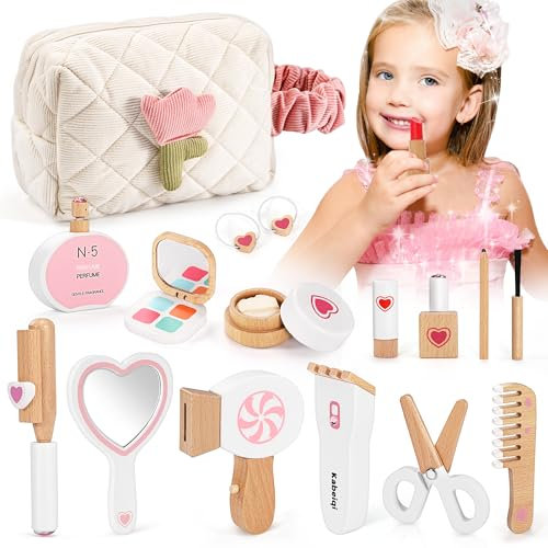 TUSEASY 16-Teiliges Schminkkoffer Mädchen Holzschminke Spielzeug, Kinderschmink- und Friseurset aus Holz, Schminkset aus Holz für Kinder-Rollenspiele, Geschenke ab 3 4 5 Jahre Mädchen