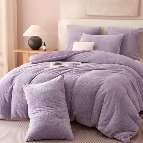 Lanqinglv Plüsch Bettwäsche 135x200 Teddy Fleece Lila Flauschige Bettwäsche Set Cashmere Touch,ÖKO-TEX Warme Winterbettwäsche Thermo Wende Bettbezug und 1 Kissenbezug 80x80 cm mit Reißverschluss