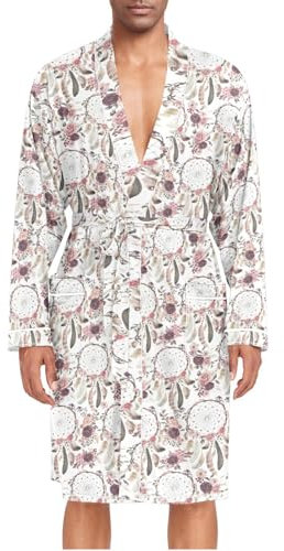 ZZXXB Dream Catcher Herren-Nachtwäsche, Rosenblüte, leicht, langärmelig, Spa-Bademantel mit Taschen, M-XL, weiß, L
