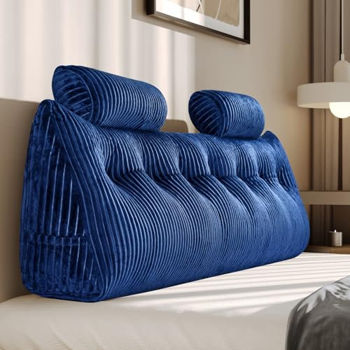 Z-hom Bücherkissen, Keilkissen, Lesekissen Für Bett Und Sofa, Cozy Rückenkissen, Praktisches Seitenfach, Removable Cover, Mit Rundem Kopfkissen (Blau, 200 * 50 * 20cm)
