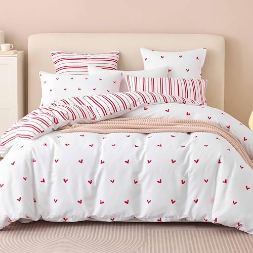 Tospass Weiß Bettwäsche 135x200 cm Mädchen - Rotes Herz Beidseitige Set Microfaser, Innen Ist EIN Rotes Streifen Bettwäsche Set Bettbezug mit Reißverschluss und 1 Kissenbezug 80x80 cm