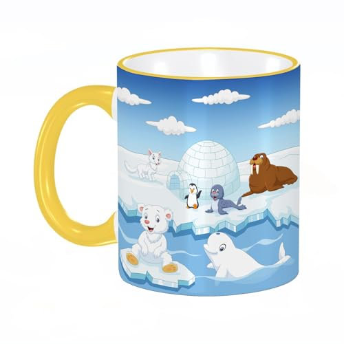 YOIUE Tasse aus Keramik - Große 11oz Tassen 330ml Kaffeetassen mit Henkel, 100% Handbemalt - Trinkgläser mit Griff - Weiß,Arktische Tiere Sammlung Set mit Iglu Eishaus