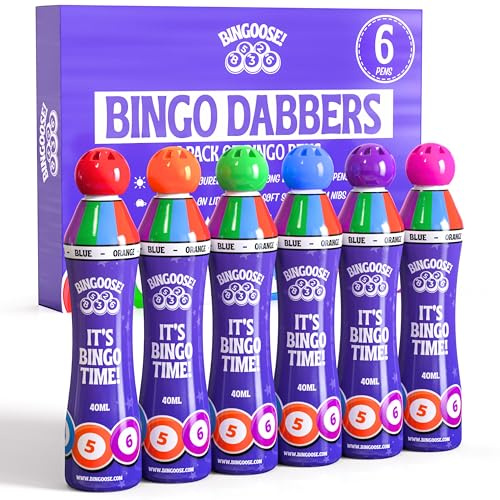Bingo Dabbers 6 Stück für Punktier-Spielbücher – Jumbo-Bingo-Stifte mit Schwammspitze, heller Markertinte und Schraubverschluss