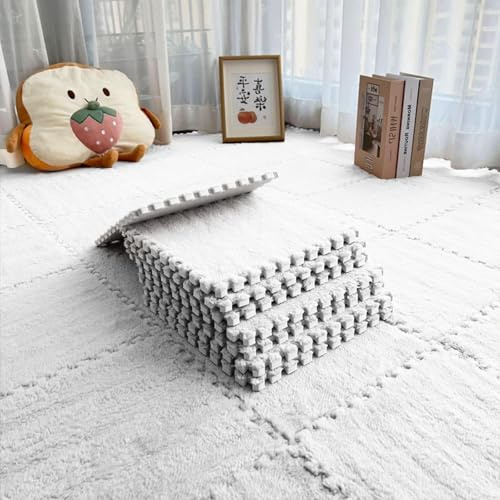 Puzzlematte Boden für Kinder 12 Stück 30 x 30 x 1 cm mit Rand, Weiche Spielmatte aus Plüschschaum, Puzzlematte Kinder zum Zusammenstecken für Spielzimmer, Wohnzimmer oder Krabbelbereich (Weiß)