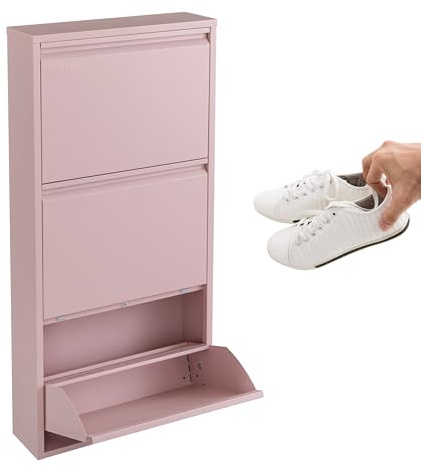 3FlexHome Metal Shoe Storage Cabinet for Hallway and Bedroom - Slim Wall Mounted Shoe Rack with Flip Down Drawers, Modern Ready Assembled Storage Cupboard, Space Saving Shoe Organiser (3 Drawer Pink)