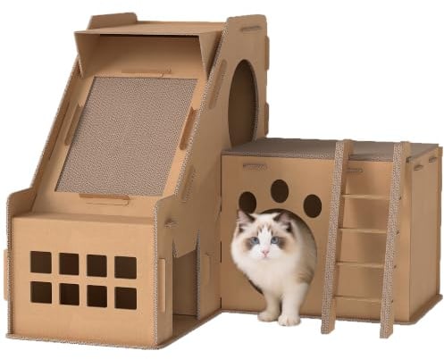 PawHut Rascador Cartón para Gatos Forma Castillo Casa, 67x66x57 cm Marrón | 2 en 1, 2 Zonas de Rascado, Catnip, Rampa y Escalera, para Interior