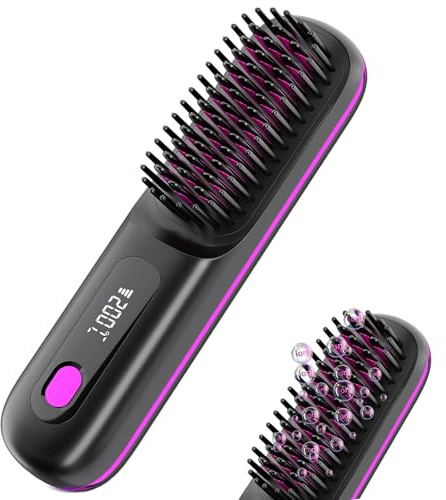 Cepillo alisador de cabello inalámbrico, cepillo alisador recargable por USB con 3 ajustes de calor, peine portátil con calefacción para todo tipo de cabello y barba, apto para viajes, apagado