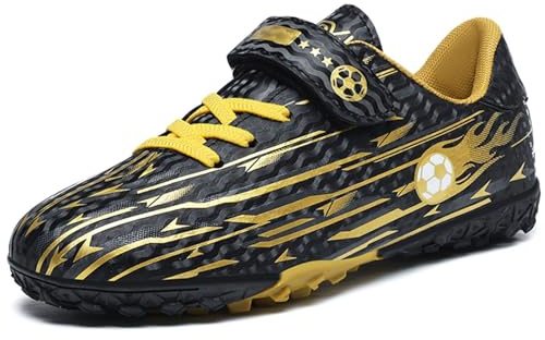 BAODLE Chaussures de football pour enfant garçon FG/AG Chaussures de football d'extérieur pour fille TF Football Chaussures d'entraînement professionnelles respirantes, Tf noir et doré, 33 EU