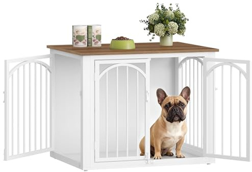 Fobyfurny Hundekäfig Möbel, 80 x 60 x 63 cm, Braun und Weiß | Hundebox für Zuhause, 4 Türen, Moderne Hundebox Holz, Beistelltisch, für Kleine und Mittelgroße Hunde, Innenräume FPDC001FWR1