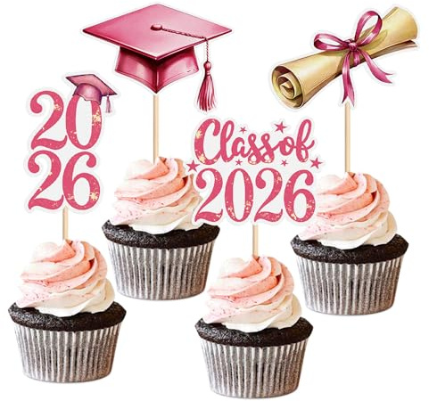 Blumomon 32 Stück Rosa Klasse 2026 Abschlussmütze Diplom Torten Topper Mädchen 2026 Abschluss Thema Kuchen Topper Absolventinnen Abschluss Gratulation Partie Dekor 2026 Pink Graduation Cupcake Topper