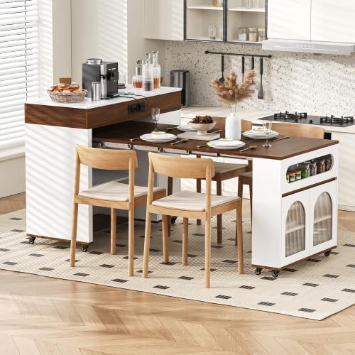 Merax Ausziehbarer Bartisch – Multifunktionale Kücheninsel mit Bar und Theke, Ausziehbarer Esstisch für 4 Personen, Sideboard mit Stauraum, Modernes Design mit LED-Beleuchtung und USB-Ladestation