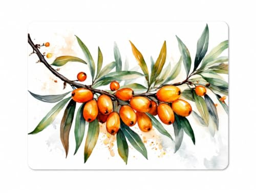 Blumiges Platzset mit Korkunterseite – 40 x 30 cm, 1x Sanddornzweig Greta | langlebende Alternative zu Tischdecken – Schützt den Esstisch vor Kratzern – Pflegeleichter Eyecatcher – Seaside No.64
