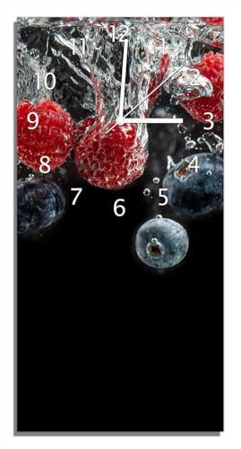 Wallario Design-Wanduhr Waldfrüchte im Wasser aus Glas, Motiv-Uhr Größe 30 x 60 cm, weiße Zeiger