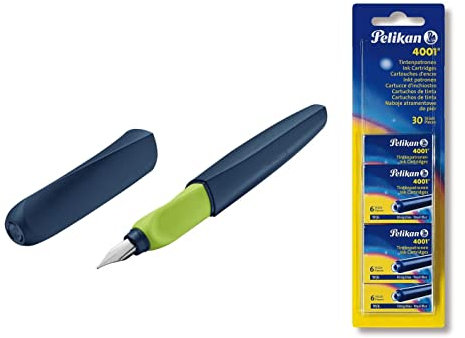 Pelikan Füller Twist in Faltschachtel, universell für Rechts- und Linkshänder, Feder M [ Apple-Blau ] + 30 Patronen Set