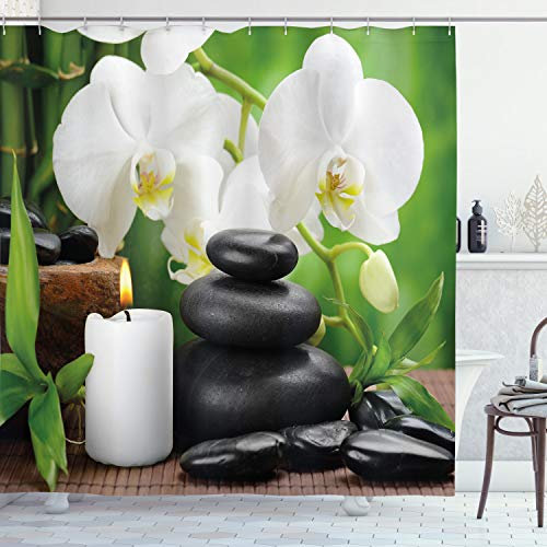 ABAKUHAUS Spa Duschvorhang, Orchideen Steine Natur, Stoffliches Gewebe Badezimmerdekorationsset mit Haken, 175 x 180 cm, Schwarz Weiß und Grün
