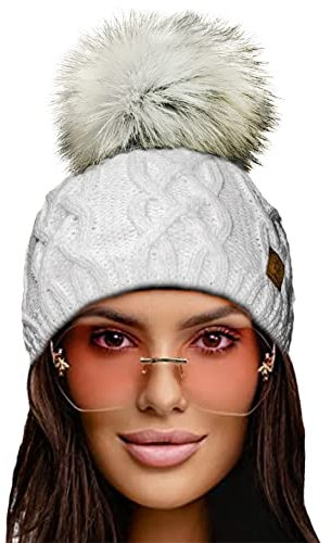 4sold Herren Damen Wurm Winter Style Beanie Handmade Strickmütze Mütze mit Fellbommel Bommelmütze Hat Gestrickte Pudelmütze Plain Ski Pom Wooly with Full Cosy Fleece-Futter (Debora White)