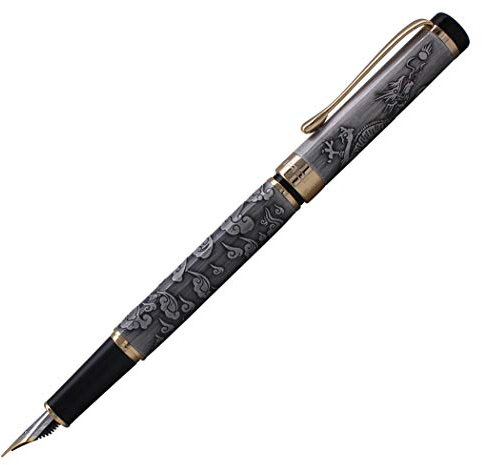 Gullor Fountain Pen with Gift Box, Carved Cloud and Dragon, Fine Nib, Grey