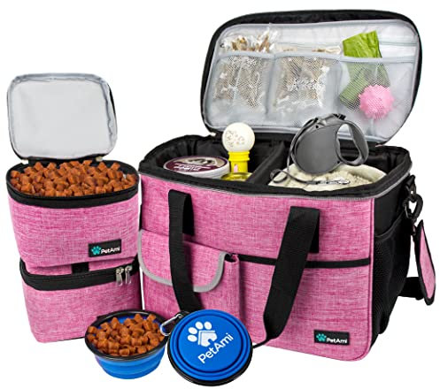 PetAmi Reisetasche für Hunde, Haustier-Organizer, Hundefutter-Reisetasche mit Futterbehälter und Näpfen, Reisezubehör, Geschenkzubehör für Wochenend-Camping, Hunde-/Katzen-Wickeltasche (Rosa, mittel)