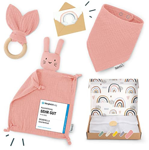 Räuberella® Baby-Geschenk-Set in Rosa I 4-teiliges Neugeborenen-Geschenkset mit Geschenkkarte, Musselin-Schmusetuch, Beißring & Lätzchen I Geschenk zur Geburt aus hochwertiger Bio-Baumwolle