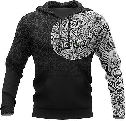 Viking Thors Hammer Sweatshirt, Nordische Mythologie Wolf Streetwear Casual Hoody Hoodie, 3D Allover Bedrucktes Unisex Langarm Pullover Sweatshirt,Thor's Hammer,XL