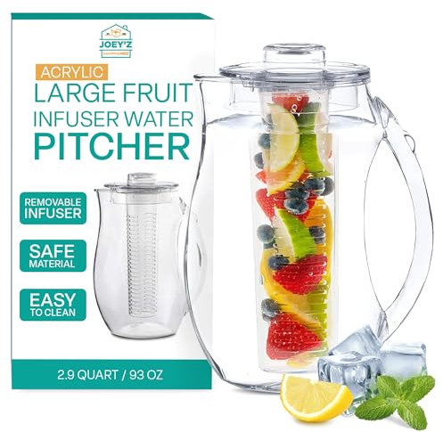 Large Fruit Infuser Water Pitcher (2.9 Quart / 93 Oz) – Shatterproof Acrylic Infusion Jug for Iced Tea, Juice, Beverages, Water, Lemon, Fruit & Herbs – BPA Free