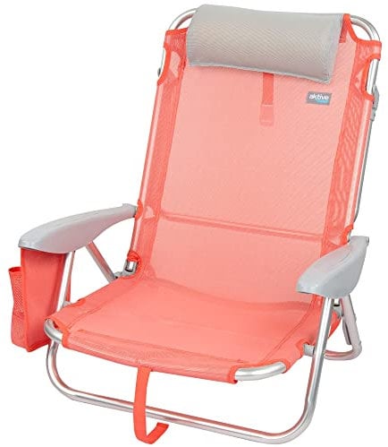 Aktive 62629 - Klappbarer Strandstuhl, mit Kissen 51x45x76 cm, Aktive Beach, Farbe Koralle, mit Tragegriff, 4-fach verstellbare Liegeposition, ergonomische Armlehnen, Leichte klappbare Strandstühle,