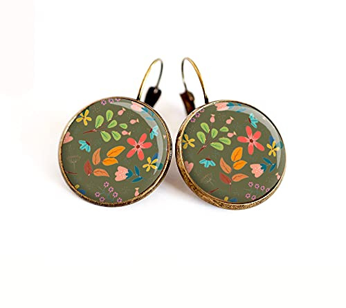 Boucles d'oreilles cabochon, petites fleurs kaki et orange