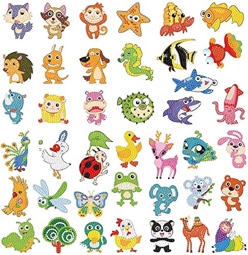 BOUTIKS 40 Stück Diamond Painting Kinder, 5d Diamant Painting Aufkleber Kits für Kinder, DIY 5D Tier & Meer Welt Diamant Kunst Mosaik Aufkleber für Kinder Erwachsene Anfänger