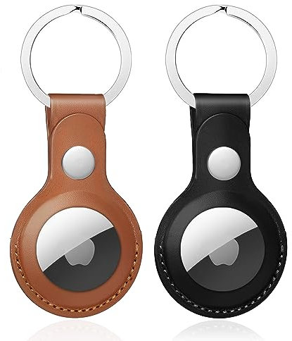 Nepfaivy Llavero Funda para Airtag Apple - Funda de Cuero con Llavero para Localizador Airtag, Protectora Anti-Perdida y Anti-Rasguños (Marrón/Negro)