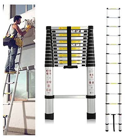 3,8M Teleskopleiter, Mehrzweckleiter Aluminium, 150 kg/330 Pfund Belastbarkeit, Ausziehbar Aluleiter, Ausziehleiter für Dachboden/Kletterdach/Büronutzung/Baujob