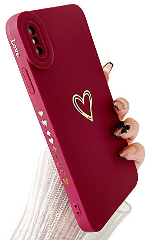SmoBea Compatible with iphone X/Xs Case, Cute Gold Heart Pattern Phone Case for Women Girls With Side Small Love Pattern Silicone Protective Shockproof Phone Case (Red)