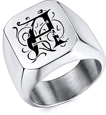 OTXIXTO Benutzerdefinierte Initialen Monogramm Siegelringe für Männer Personalisierte Edelstahl Ringe Schwarz Silber Gold Farben Ideales Erinnerungsgeschenk für Mann Freund(Silber)