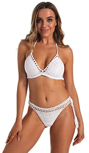 QIUFEN Handgehäkelter Badeanzug Frauen - Einfarbige Zwei Stücke Set Handstricken Bikini Badeanzug,Frau Hängender Hals Häkeln Bikini Oberteil,Sexy Dreieck Hollow-Out Low Taille Bikini Bottom,Weiß,M