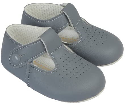 EARLY DAYS Baypods, Baby Shoes for Boys & Girls, Soft Soled Pre Walker Shoes, Soft Faux Leather Baby Boys & Baby Girls Shoes, B625 T Bar Style Shoe with Hole Punch, Made in England, Grey, 0 UK Child