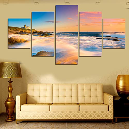 Der Druck und die Leinwand Landschaft am Meer Wandbild Dekoration, Bilder auf Leinwand Ölbild für Zuhause, moderne Dekoration, Dekodruck 5 Stück Kein Rahmen 150x80cm